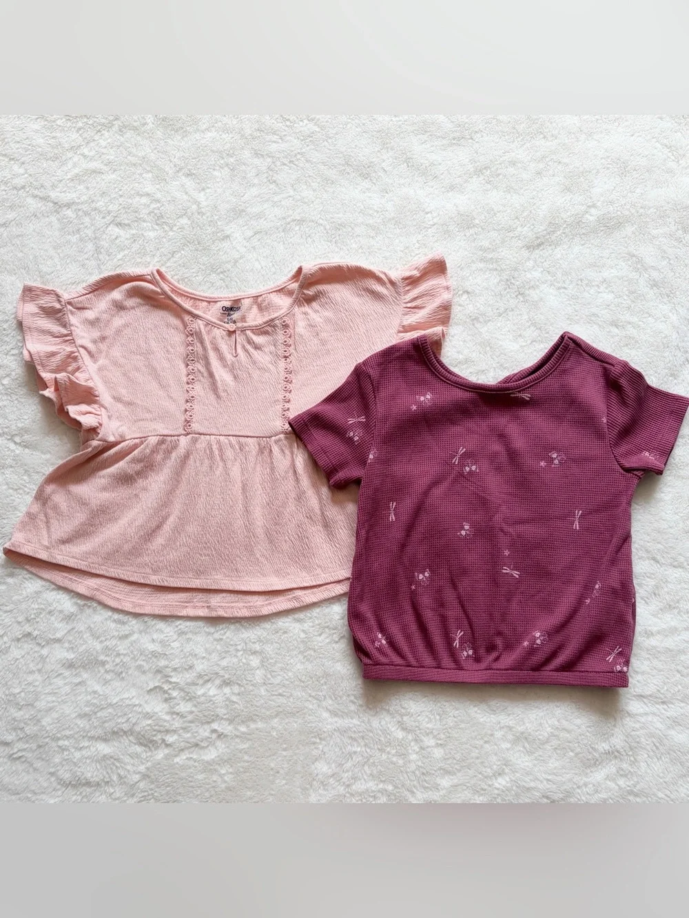OshKosh Girls 6/6X Short Sleeve Shirt Lot - Waffle Knit Flare Blouse, 2pc Bundle